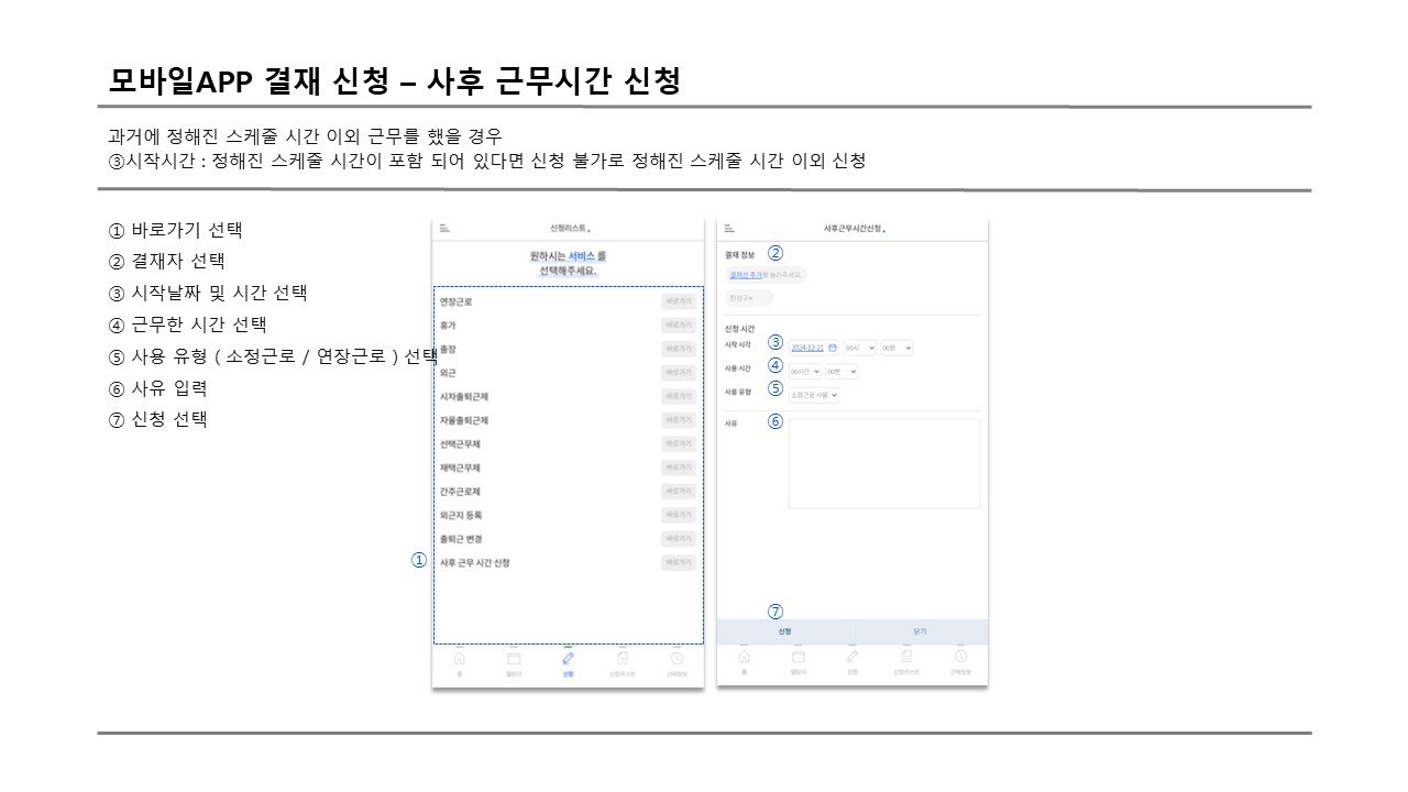 결재자 모바일 사후근무시간 신청