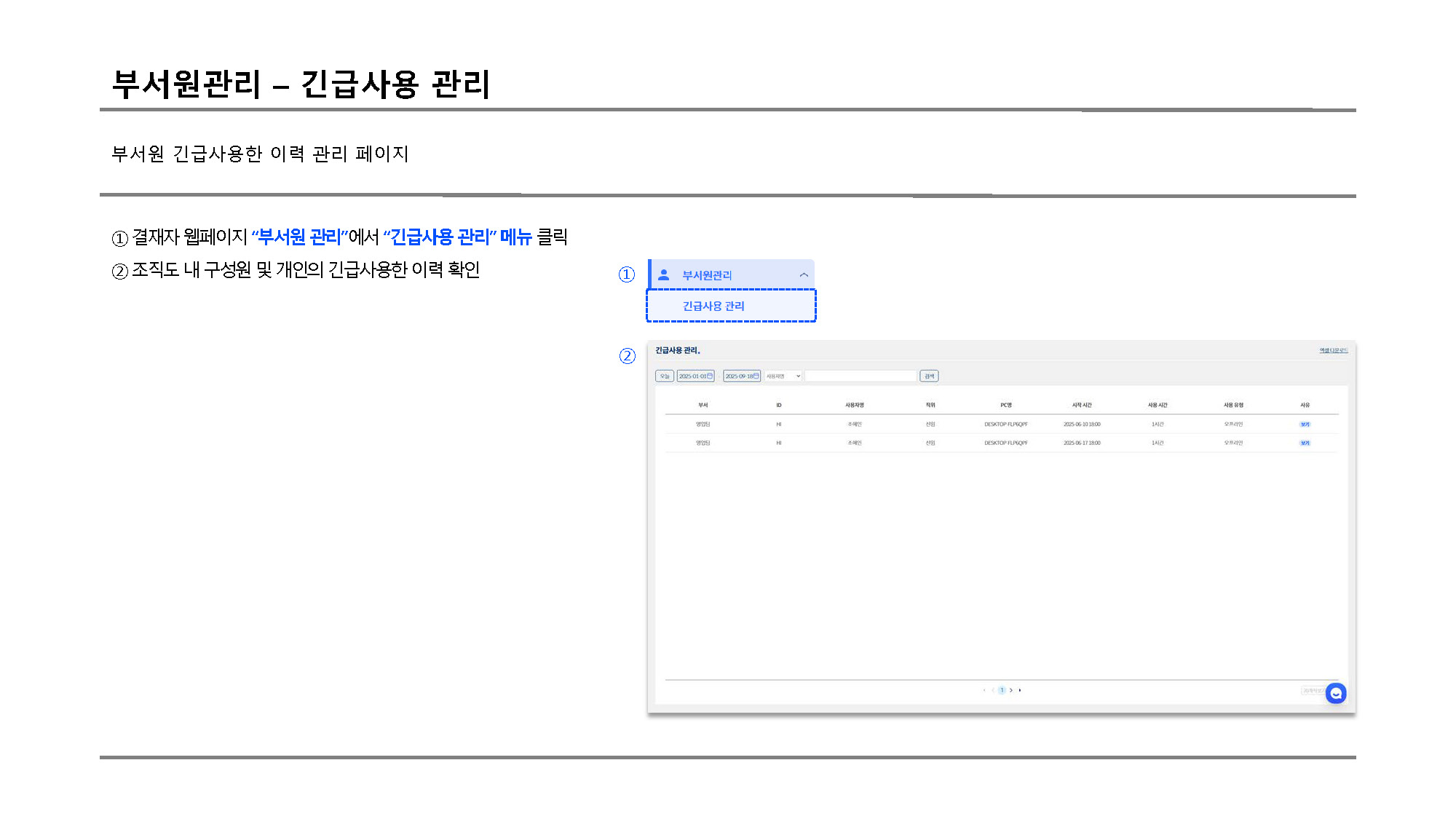 부서원관리 긴급사용관리