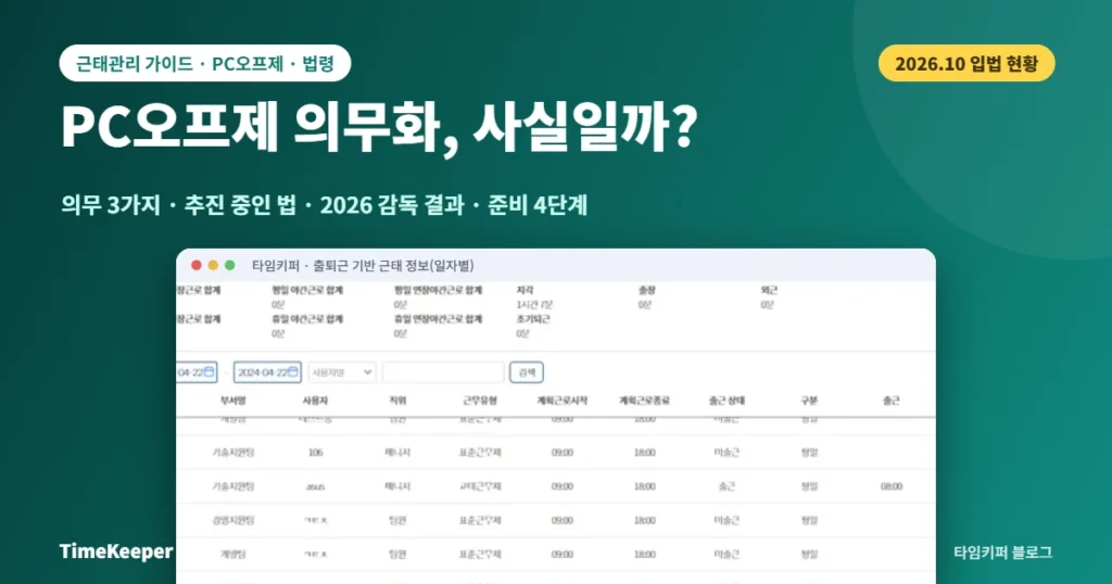 PC오프제 의무화, 사실일까? 2026 근로시간 기록 의무화 현황 — 타임키퍼 일자별 근태 기록 화면